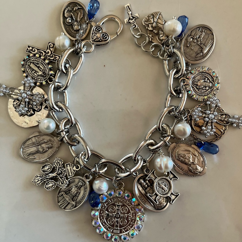 SOLD Charm Bracelet: St Benedict, Lenten Saints, Crosses, Freshwater Pearls - Picture 5 of 12